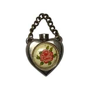 Miniature Guilloche Enamel Perfume Bottle Pendant Heart Shape Floral Chatelaine
